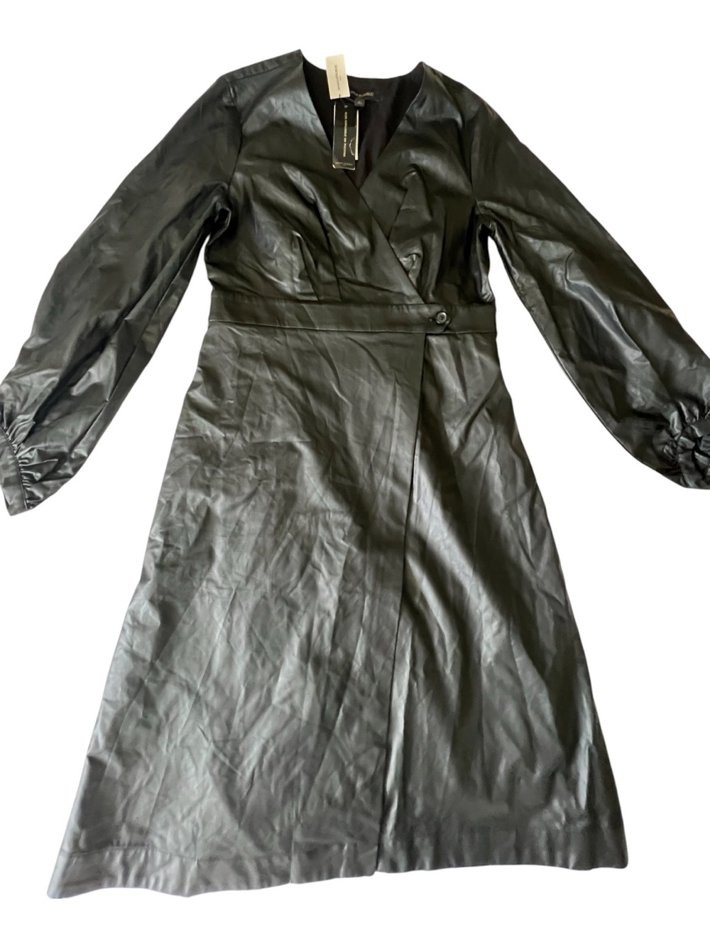 Banana Republic Faux Leather Black Midi Wrap Dress with Button Waist Size 6 NWT